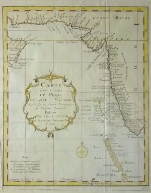 Antique Map of Carte des Costes de Perse, Gusart & Malabar, Persian & Malabar Coast, West India by Jacques Nicolas Bellin