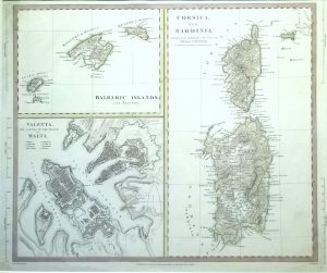 Antique Map of Malta Valetta, Corsica & Sardinia, & Balearic Islands by Baldwin & Craddock