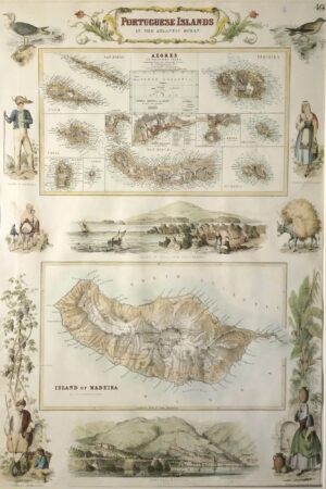 Antique Map of Portuguese Islands in the Atlantic, Madeira & Azores, border illustrations by Archibald Fullarton