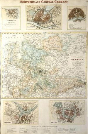 Antique Map of Northern & Central Germany with inserts of Hamburg, Cologne, Dresden, Leipsic & Coblentz by Archibald Fullarton