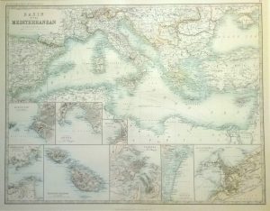 Antique Map of Basin of the Mediteranean, inserts of ports: Marsaille, Genoa Trieste, Gibraltar, Valetta, Venice & Alexandris. by W & A.K. Johnston