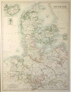 Antique Map of Denmark with inset of Iceland & Copenhagen by W & A.K. Johnston