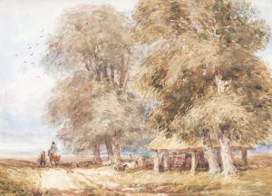 Travellers Passing Trees and a Barn