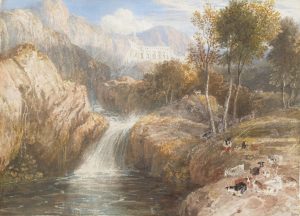A Cascade with a Villa Beyond