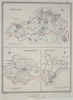 Antique Map of Plans of Wareham, Shaftesbury & Lyme Regis; Original Hand Colour by Creighton & Walker