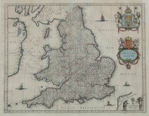 Antique Map of Anglia Regnum framed by Joan Blaeu