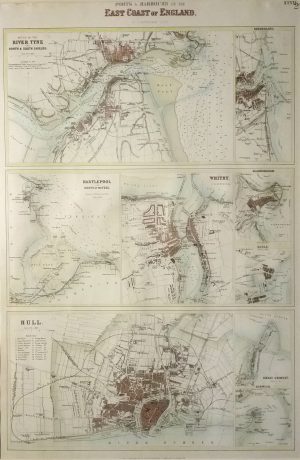 Antique Map of Ports & Harbours on the East Coast of Engalnd, Mouth of the Tyne, Hull, Hartlepool, Whitby, Sunderland, Scarborough, by Archibald Fullarton