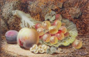 Still life of a Peach, Plum and Gooseberries