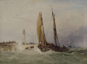 Fishing Boat off a Harbour Entrance with Lighthouse