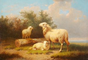 Sheep & Lambs by a Sawn Tree