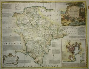 Antique Map of Devon with a plan of Plymouth by Emanuel Bowen