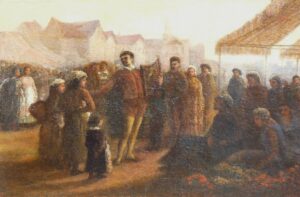 Lyre Player Entertaining Crowds at a Market