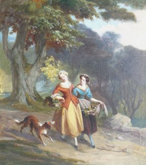 Two Girls Carrying Baskets of Flowers