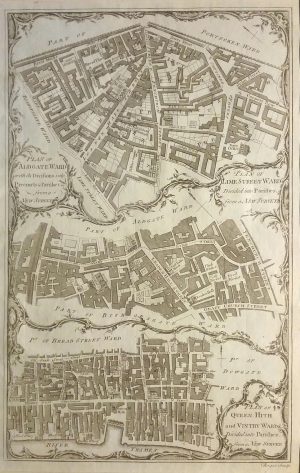 Antique Map of Plans of Aldgate, Lime Street, Queen Hith & Vicinity Wards by John Royce