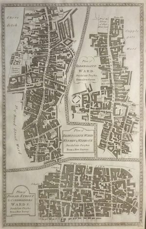 Antique Map of Plan of Aldersgate, Bishopsgate, Bread Street & Cordwainers Wards by John Royce
