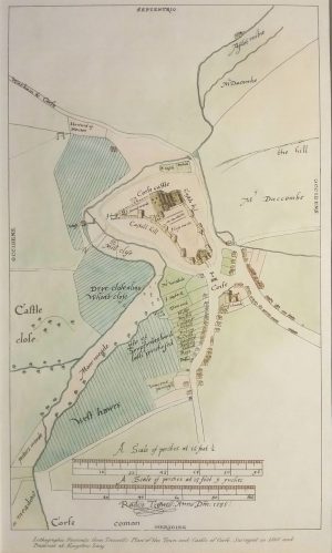 Antique Map of Plan of the Town & Castle of Corfe, surveyed in 1586 by Ralph Treswell