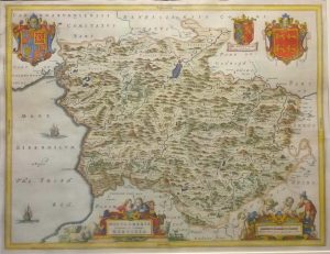 Antique Map of Montgomeria Comitatus et Comitatus Mervina (Montgomery) by Joan Blaeu