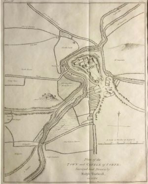 Antique Map of Plan of the Town & Castle of Corfe, surveyed in 1586 by Ralph Treswell