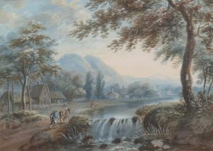 Cow Herder Passing a Waterfall