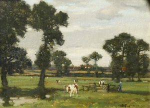 Woman with Cattle in Summer Landscape