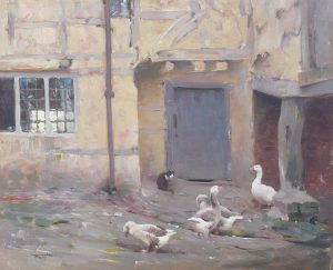 Geese & Cat in a Back Yard