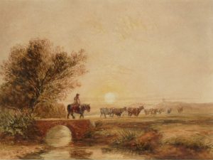 Drover & Cattle at Sunset