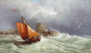 Fishing Boat Passing a Pier in Stormy Weather
