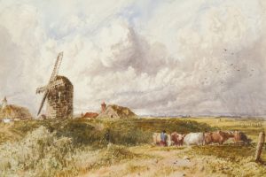 Herding Cattle near a Windmill