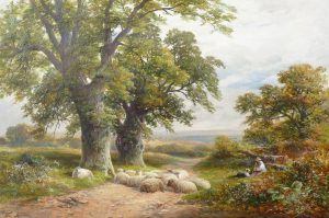 Shepherd & Flock Resting in a Lane