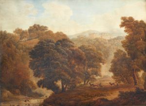 Deer in Wooded Parkland near a Castle, believed to be Dunster, West Somerset