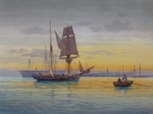 Sailing Ship Anchoring at Sunset