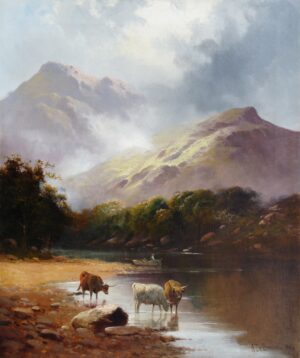Highland Cattle in a Mountain River Landscape