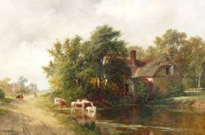 Cattle Watering Beside a Farmhouse