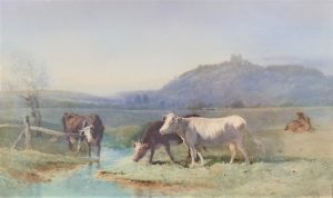 Cattle Watering below a Hilltop Castle