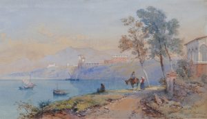 Figures on Lakeside Track with Castle beyond, Italy