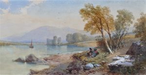 Figures Resting near a Loch-side Castle, Scotland