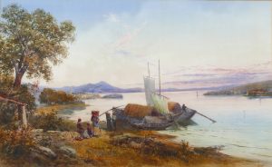Boats & Figures by the Shore of a Lake