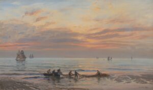 Fishermen Drawing Nets at Sunset