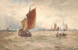 Fishing Boats off a Coastal Town