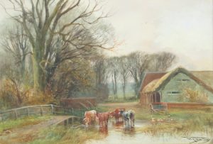 Cattle Watering in a Stream near Farm Buildings