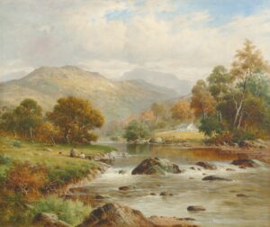 Figures on a Riverbank in the Hills of Wales