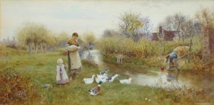 Mother & Child with a Flock of Geese enter a River