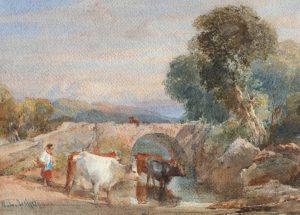 Cattle Watering near an Old Bridge