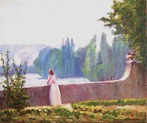 Lady Admiring the View from a Garden Wall