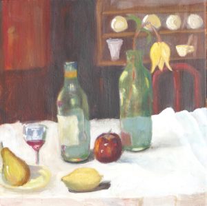 Two Bottles, Fruit & Glass of Wine