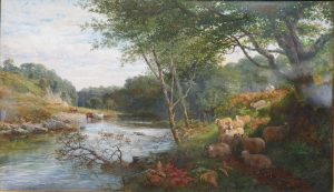 River Landscape with Sheep, & Cattle Watering