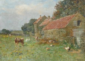 Calves and Fowl by a Farmhouse