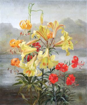 Still Life of Lilies before a Mountain Lake landscape