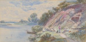 Shepherdess & Flock by a River