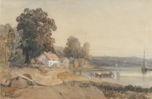 Men Hauling a Boat near a Lakeside Village